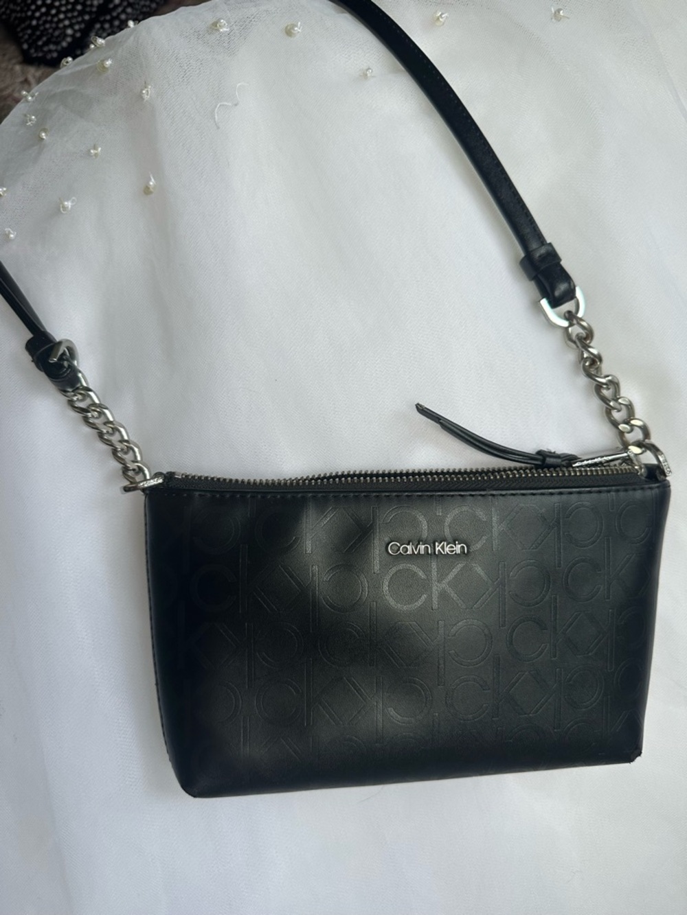 Calvin Klein Black Embossed Logo Crossbody with Chain Detail